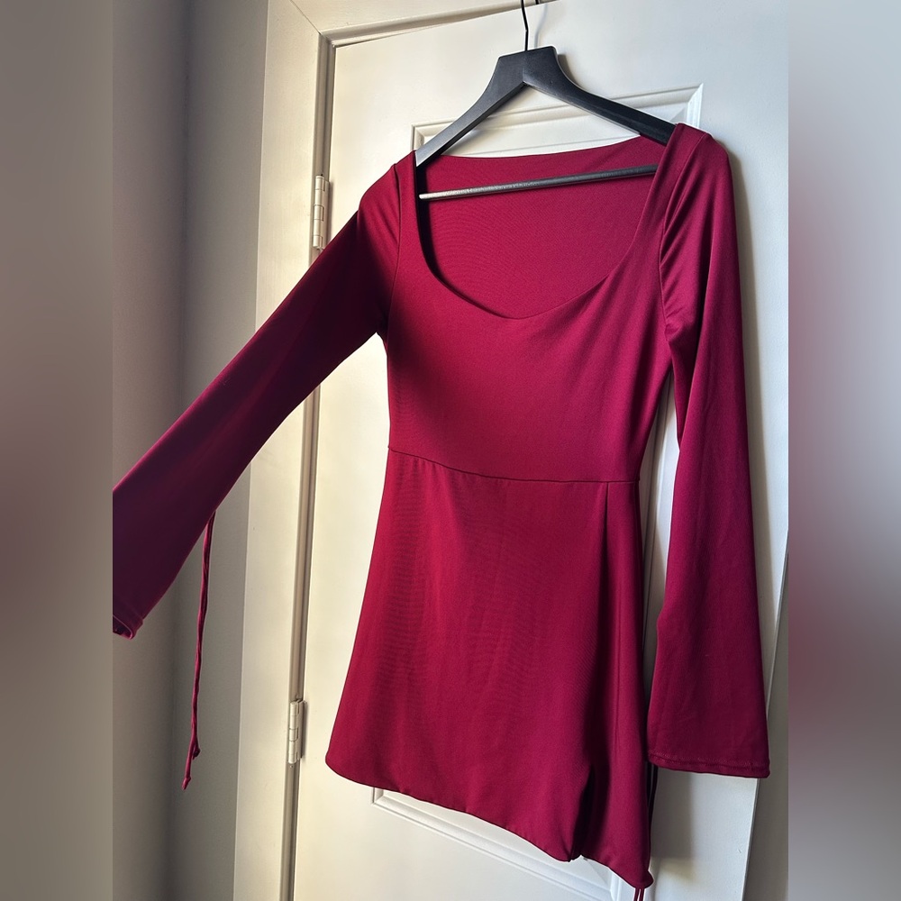 Scoop Neck Long Sleeve Women’s Dress - Burgundy - Small